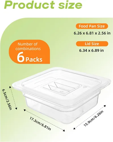 Miniatura 4 de Paquete de 6 bandejas para alimentos con tapas, tamaño 1/6 irrompible, apilable, de plástico, para fiestas, catering, cocinas caseras, preparación