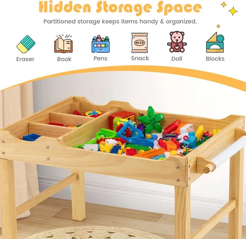 Miniatura 5 de HONEY JOY Mesa para niños, mesa de actividades de madera 2 en 1 con rollo de papel, mesa de bloques de construcción convertible, 3 compartimentos