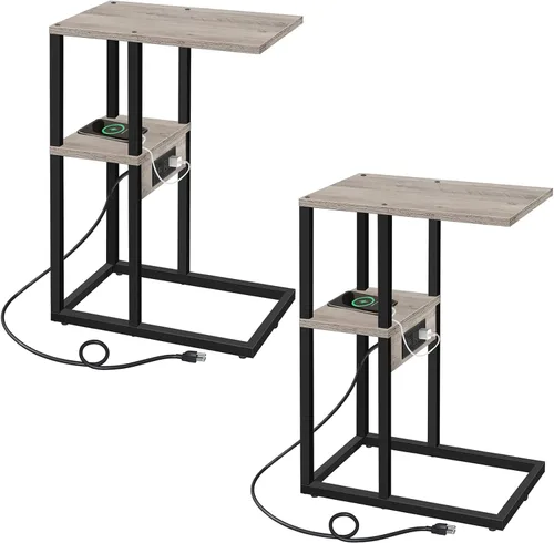 Miniatura 11 de TUTOTAK - Mesa auxiliar en forma de C con estación de carga, mesa auxiliar, mesa de sofá para espacios pequeños, bandeja de TV con 2 puertos USB