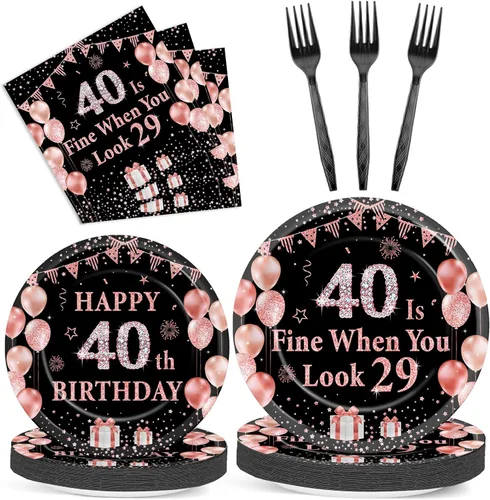 Miniatura 77 de Juego de 96 piezas de platos de papel, servilletas y tenedores para fiesta de cumpleaños número 16 para fiesta negra de dulces 16 años, platos