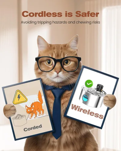 Miniatura 2 de Fuente de agua para gatos alimentada por baterías: fuente inalámbrica para gatos - Fuente de agua recargable para mascotas de acero inoxidable