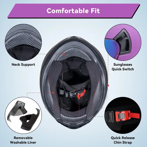 Miniatura 6 de Casco de motocicleta de cara completa para adultos, hombres y mujeres, casco de carreras aprobado por el DOT, casco de carreras de bicicleta