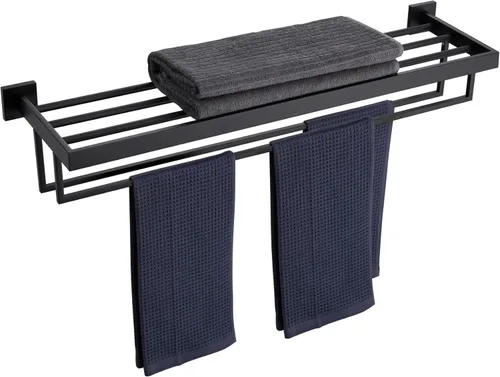 Miniatura 15 de KOKOSIRI Toallero negro mate de 24 pulgadas, estante de toalla de baño con barras de toalla dobles SUS304 de acero inoxidable montado en la pared