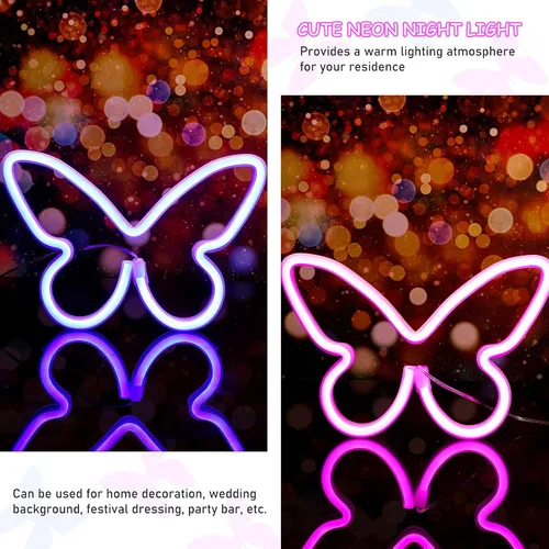 Miniatura 5 de Riakrum 2 piezas de letreros de neón de mariposa, luz LED de 3 pilas AAA, alimentado por USB, letrero de neón de pared, decoración de mariposas