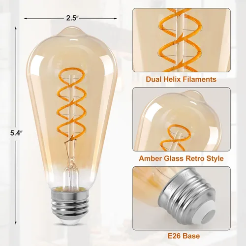 Miniatura 6 de ST64 Bombillas LED E26 Vintage Edison, vidrio ámbar claro, regulable, 4 W (equivalente a 40 W) 300 lúmenes, 2500 K blanco cálido, diseño de ámbar