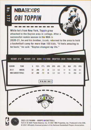 Miniatura 2 de 2021-22 Panini Hoops #177 Obi Toppin New York Knicks Basketball Card