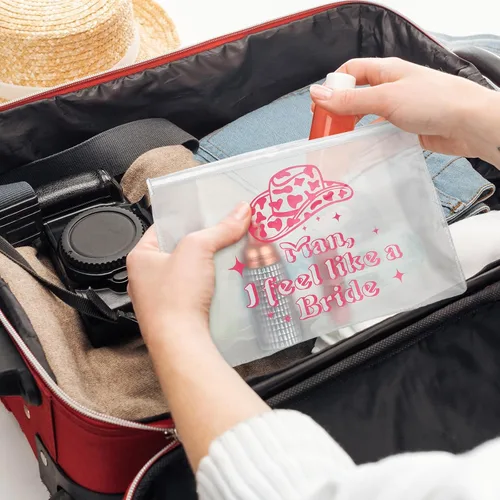 Miniatura 7 de Layhit 8 bolsas de maquillaje de despedida de soltera de color rosa con texto en inglés "Let's Go", suministros de decoración para niñas, retro