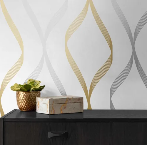 Miniatura 7 de NextWall Ogee Ribbon - Papel tapiz autoadhesivo (plateado y dorado)