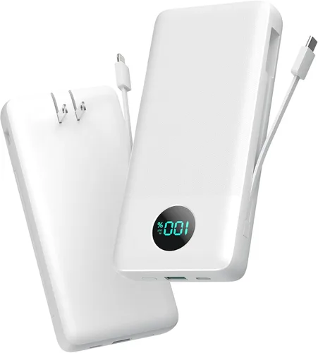 Cargador Portátil 33800mAh Banco de Energía USB C con Cables Integrados y Enchufe de Pared CA, Carga Rápida 25W + QC 4.0 Cargador de Teléfono, Blanco