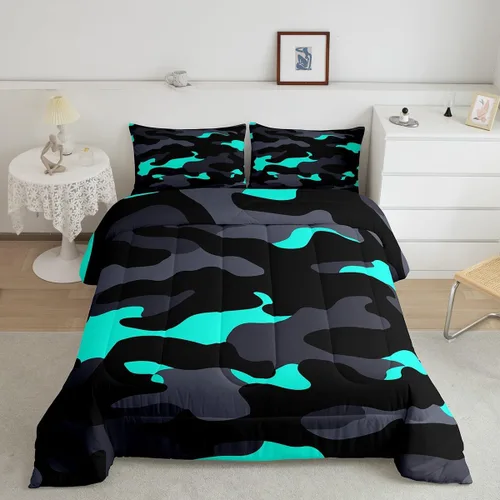Miniatura 3 de Erosebridal Juego de edredón de camuflaje verde azulado, juego de ropa de cama de camuflaje gris y negro, juego de ropa de cama moderno de arte Camo