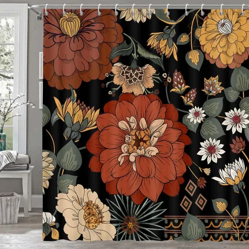 Miniatura 14 de Torich Cortina de ducha floral bohemia, abstracta de mediados de siglo, decoración bohemia, cortinas de baño, flores botánicas, hojas tropicales