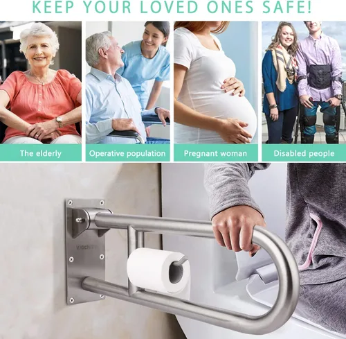 Miniatura 6 de Rieles de seguridad de inodoro de acero inoxidable de 29.5 pulgadas, barra de agarre abatible para baño para discapacitados con portapapeles