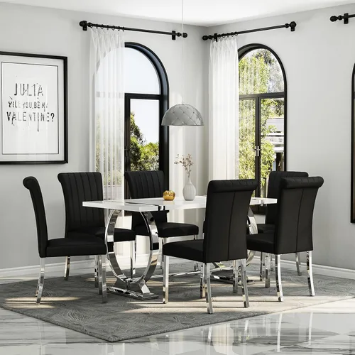 Miniatura 9 de Asday Juego de 2 sillas de comedor negras y plateadas, modernas sillas de comedor tapizadas de piel sintética con respaldo alto y patas cromadas