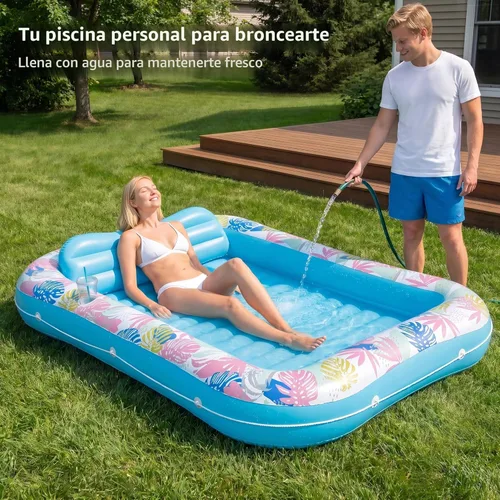 Miniatura 3 de OKSUWATER - Flotador para tumbona bronceadora para piscina, de 87 x 63 pulgadas, para adultos, con reposacabezas y soporte para bebidas, cama Azul