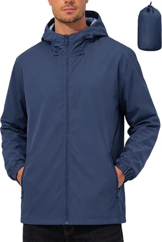 Miniatura 8 de UIQUR Chaqueta impermeable para hombre, ligera, rompevientos, impermeable, ciclismo, correr, senderismo, equipamiento con capucha plegable
