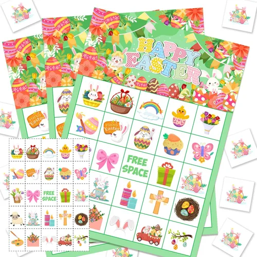 JGCWorker Juego de bingo para el día de Pascua, suministros de fiesta divertidos para niños y adultos, 24 jugadores, coloridas tarjetas de