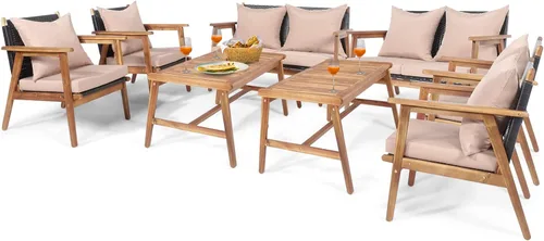 RELAX4LIFE Juego de muebles de patio al aire libre, juego de sofá de mimbre de 8 piezas con mesa auxiliar, asiento, cojines de respaldo, marco de