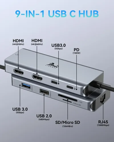 Miniatura 7 de LIONWEI Estación de acoplamiento para laptop 9 en 1, HDMI dual, 100 W PD, USB C 3.0, Ethernet, audio/micrófono, concentrador USB C para portátiles