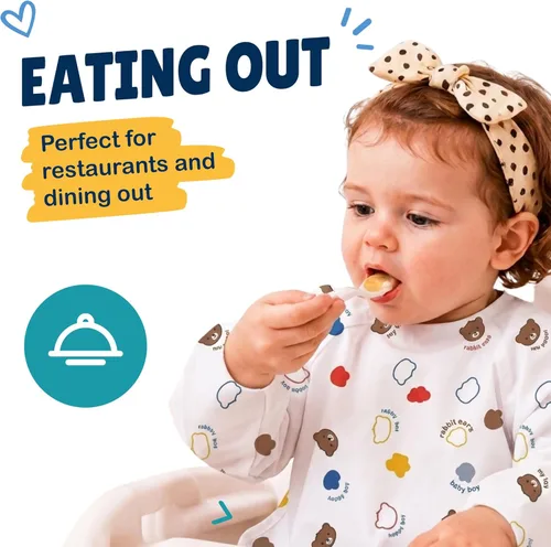 Miniatura 7 de Eli with Love Disposable Bibs Individually Wrapped Bib with Crumb Catcher - Waterproof Baby Bibs For Feeding Happy Bear - Manga larga