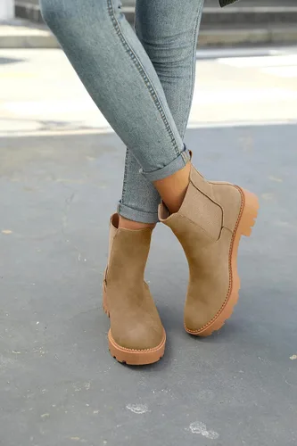 Miniatura 3 de Coutgo Botas Chelsea con plataforma gruesa y de tacón bajo para mujer, botas de tobillo elásticas de gamuza