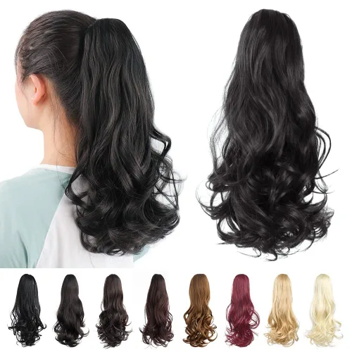 Miniatura 35 de Extensiones de cola de caballo, extensiones de cabello rizado con clip de garra de color marrón oscuro para mujer, peluca sintética de cola