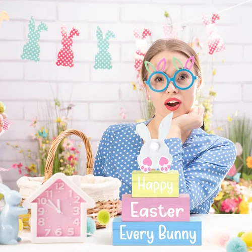 Miniatura 5 de 4 piezas de decoración de mesa de Pascua con texto en inglés «Happy Easter Every Bunny», letrero de madera de conejito pastel, bloques de madera