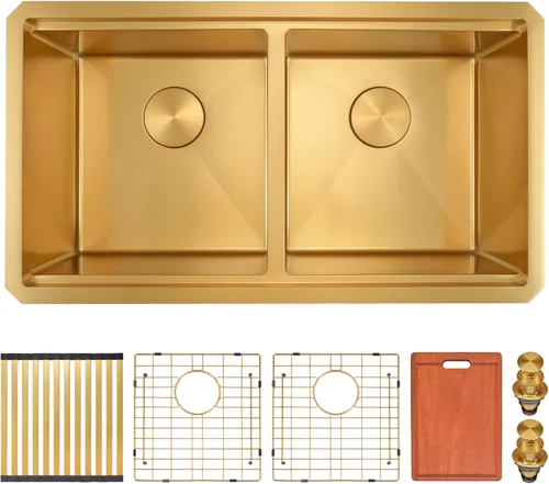 Miniatura 11 de LQS Fregadero de cocina dorado de 32 x 18 pulgadas, fregaderos de cocina empotrados, fregaderos de acero inoxidable de doble tazón 50/50