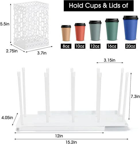 Miniatura 2 de ShineMe Soporte para taza de café para encimera, dispensador de tazas de metal ajustable y tapa con organizador de pajita, organizador de 4
