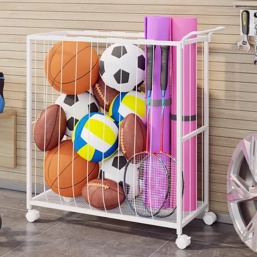 Miniatura 9 de Homsorout Cesta de almacenamiento de bolas, carrito de pelotas deportivas rodantes, organizador de garaje de metal, almacenamiento de canasta