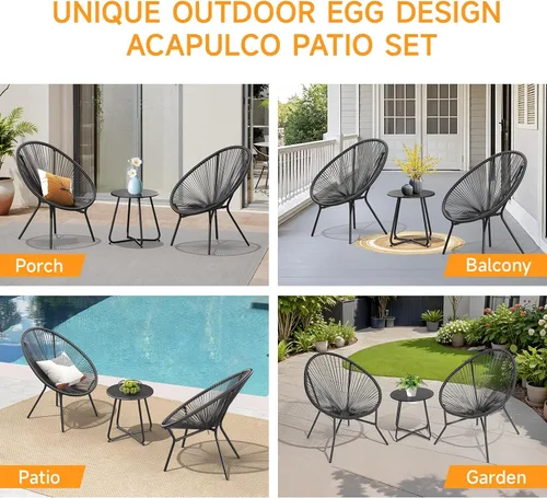 Miniatura 7 de ONBRILL Juego de 3 piezas para patio, sillas Acapulco para exteriores con mesa auxiliar, muebles de ratán PE para todo tipo de clima, para balcón