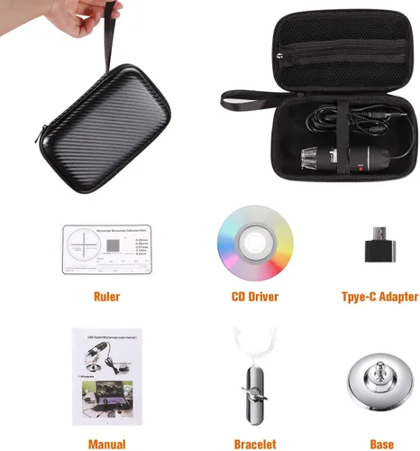 Miniatura 6 de Microscopio digital USB 40X a 1000X, cámara endoscopio de aumento de 8 LED con estuche de transporte y soporte de metal, compatible con Android