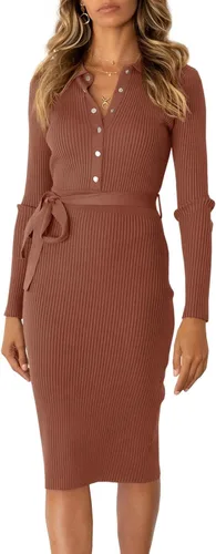 Lynwitkui Vestido de suéter acanalado de manga larga con cuello en V para mujer, con botones y lazo en la cintura