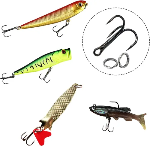 Miniatura 7 de Paquete de 200 ganchos agudos de pesca, ganchos de acero de alto carbono, fuertes y afilados, curvados redondos con anillos divididos para señuelos