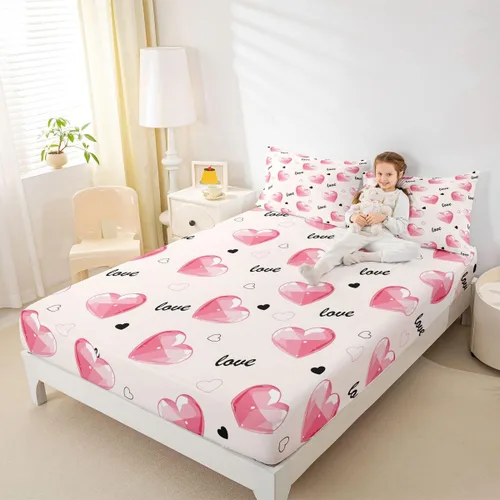 Miniatura 6 de Juego de sábanas ajustables de corazón rosa tamaño individual para niños y adolescentes, juego de sábanas románticas transpirables para el día