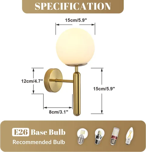 Miniatura 2 de KCO Aplique de pared de globo de vidrio de leche, apliques de pared de latón cepillado de mediados de siglo, lámpara de pared dorada moderna, Dorado