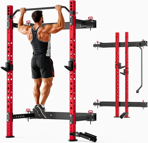 MU 5.08 cm x 5.08 cm Estante Plegable para Sentadillas, Estante de Potencia Montado en Pared de 499KG con Barra Ajustable para Flexiones, Ganchos en