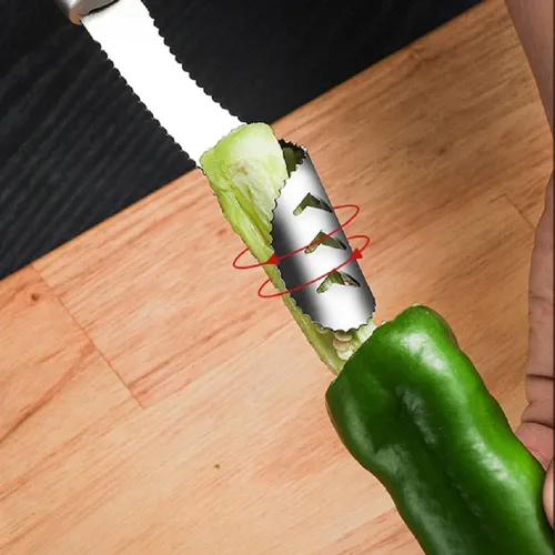 Miniatura 2 de Yiasangly Jalapeño - Descorazonador de pimienta de acero inoxidable, herramienta de cocina con rebanada dentada y mango de goma para barbacoa