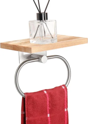 TocTen Toallero de mano para baño, toalla de pared con estante de madera, toallero de mano de metal de alta calidad, accesorios de baño, colgador de