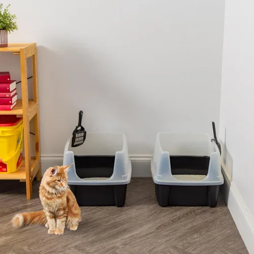 Miniatura 9 de IRIS USA - 2 Pack Caja de arena para gatos grande de tapa abierta con lados altos, escudo antidesperdicio y pala, color negro, para gatos