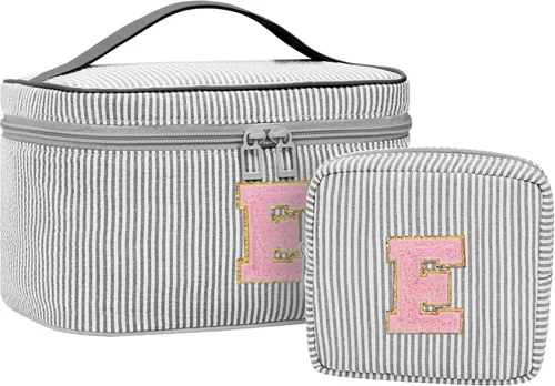 Miniatura 30 de Juego de bolsas de maquillaje con iniciales para niñas y mujeres, bolsa de cosméticos con monograma con soporte para cepillos, estuche de maquillaje