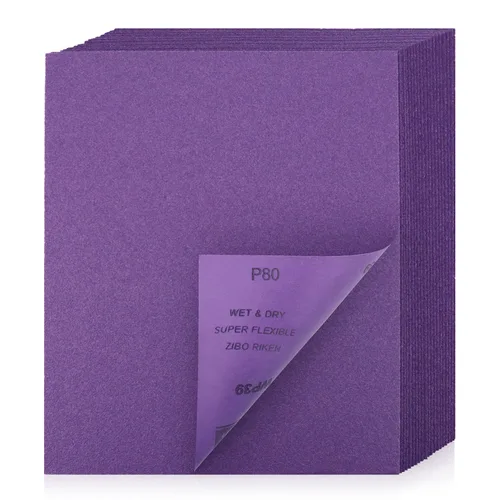 Papel de lija de grano 80, 20 unidades, hojas de lija en seco y húmedo de 9 x 11 pulgadas, papel de arena abrasivo de alúmina púrpura para madera,