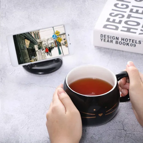 Miniatura 3 de Koolkatkoo Bonita taza de café de gato con tapa para teléfono celular, taza de porcelana de cerámica única para amantes de los gatos, regalo dorado