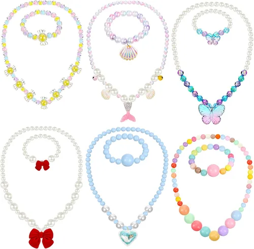 Miniatura 14 de Sumind 6 juegos de joyas para niñas pequeñas, collar de cuentas y pulsera para disfraz, joyas, regalos de princesa para fiestas (estilo mágico)