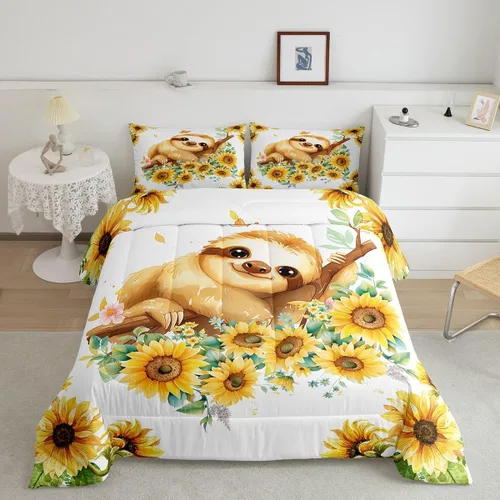 Miniatura 9 de Erosebridal Juego de edredón de perezoso tamaño individual, bonito edredón de plumón de perezoso en árbol para niños y niñas, juego de ropa de cama