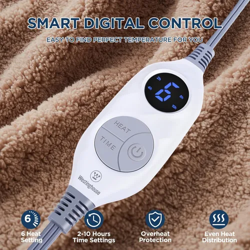 Miniatura 2 de Westinghouse Manta Eléctrica Tamaño Throw, Manta Térmica de Felpa Sherpa Suave con 6 Niveles de Calefacción y 2-10 Horas de Apagado Automático, Camel