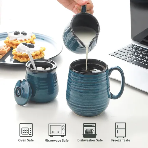 Miniatura 4 de Hasense Juego de Azucarero y Cremera de Porcelana, Azucarero de 11 Onzas con Tapa y Cuchara, Jarra de Crema de 10 Onzas, Juegos de Café Estilo Azul