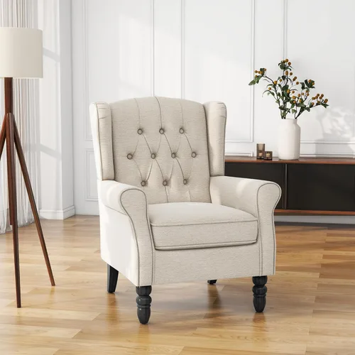 Miniatura 22 de Silla de Acento de Respaldo Alto, Sillón Tapizado en Tela para Sala de Estar, Sillón Wingback con Estampado Floral con Patas de Madera Maciza, Sofá