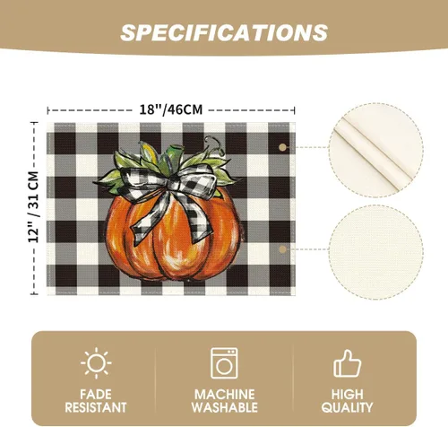 Miniatura 5 de Artoid Mode Juego de 4 manteles individuales de otoño con diseño de calabaza a cuadros de búfalo de 12 x 18 pulgadas para decoración de fiestas