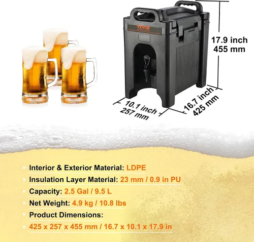 Miniatura 7 de VEVOR Dispensador de Bebidas Aislado, 2.5 Galones, Servidor de Bebidas Calientes y Frías de LDPE Grado Alimenticio, Dispensador Enfriador de Bebidas