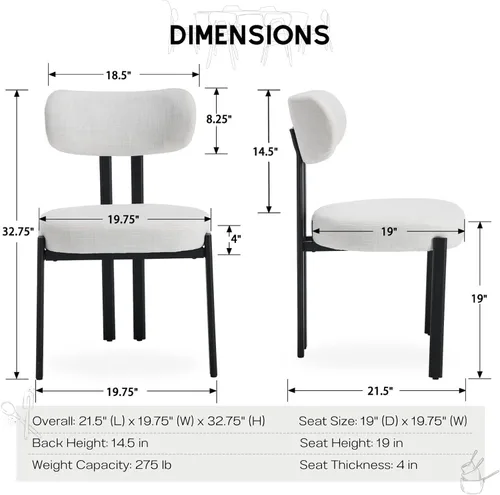 Miniatura 2 de HEAH-YO Juego de 2 sillas de comedor modernas, sillas de cocina de tela de lino con patas de metal negro, sillas laterales tapizadas sin brazos